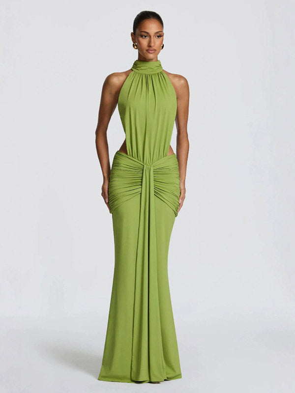 Party Dress Maxi Coffee Brown Halter Pleated Sleeveless Backless Chic Semi Formal Dress