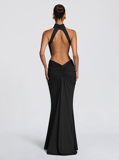 Party Dress Maxi Coffee Brown Halter Pleated Sleeveless Backless Chic Semi Formal Dress
