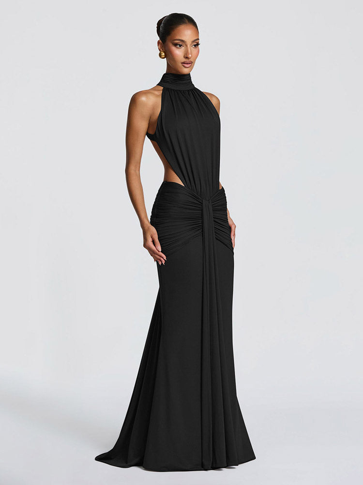 Party Dress Maxi Coffee Brown Halter Pleated Sleeveless Backless Chic Semi Formal Dress