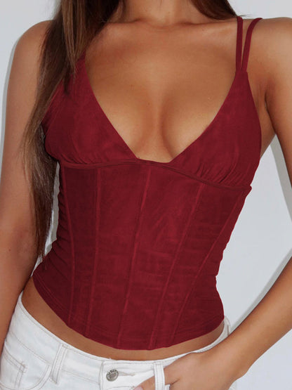 Burgundy Cami Top Straps Neck Chic Women Camis