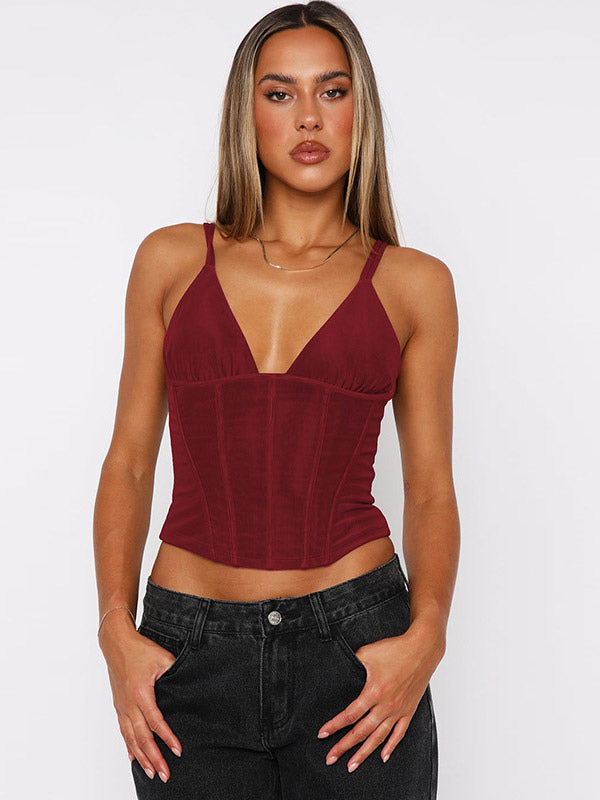 Burgundy Cami Top Straps Neck Chic Women Camis