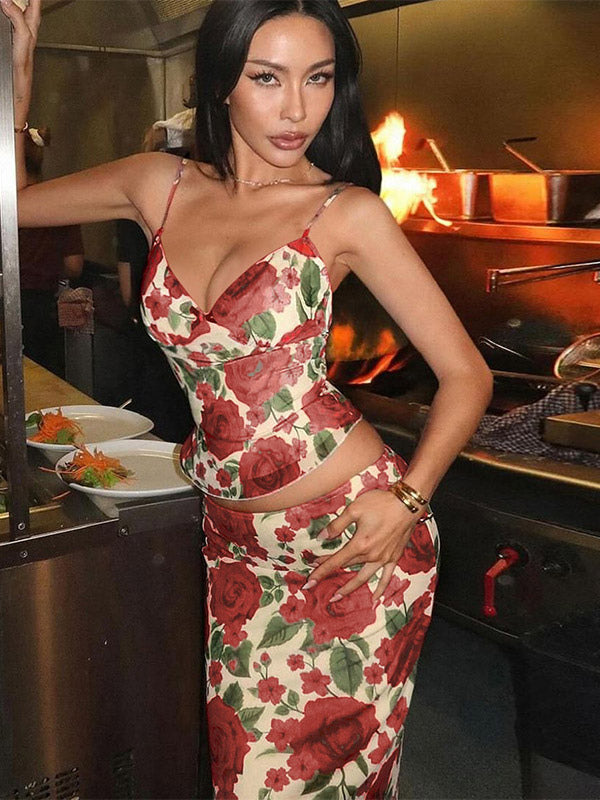 Two Piece Sets Red Sexy Floral Print Resort Wear Polyester Straps Neck Flower Sleeveless Skirt Set