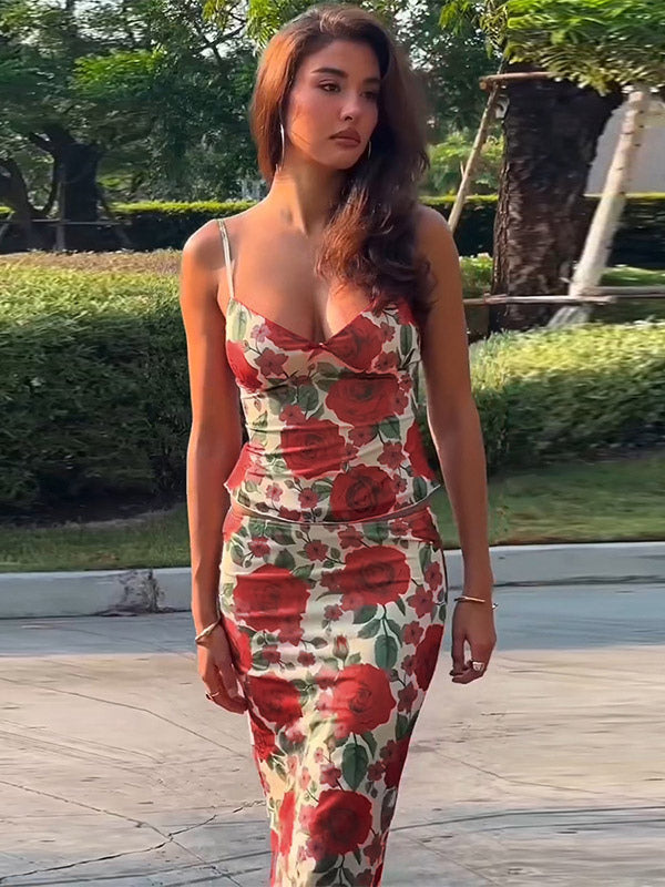 Two Piece Sets Red Sexy Floral Print Resort Wear Polyester Straps Neck Flower Sleeveless Skirt Set