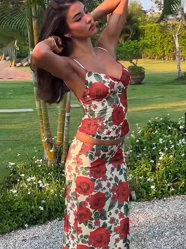 Two Piece Sets Red Sexy Floral Print Resort Wear Polyester Straps Neck Flower Sleeveless Skirt Set