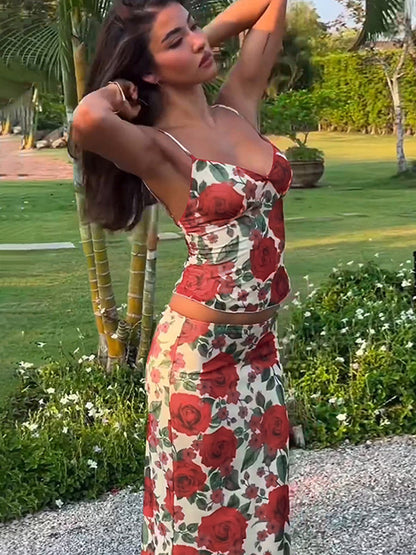 Two Piece Sets Red Sexy Floral Print Resort Wear Polyester Straps Neck Flower Sleeveless Skirt Set