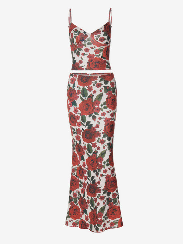 Two Piece Sets Red Sexy Floral Print Resort Wear Polyester Straps Neck Flower Sleeveless Skirt Set