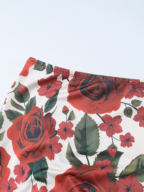 Two Piece Sets Red Sexy Floral Print Resort Wear Polyester Straps Neck Flower Sleeveless Skirt Set