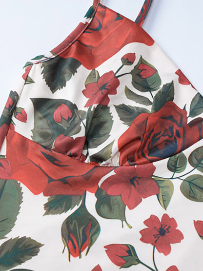 Two Piece Sets Red Sexy Floral Print Resort Wear Polyester Straps Neck Flower Sleeveless Skirt Set