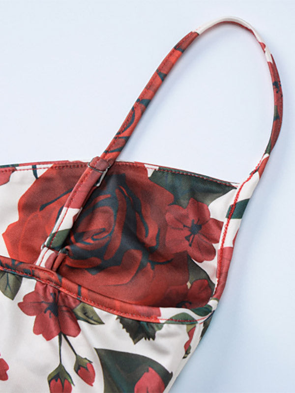 Two Piece Sets Red Sexy Floral Print Resort Wear Polyester Straps Neck Flower Sleeveless Skirt Set