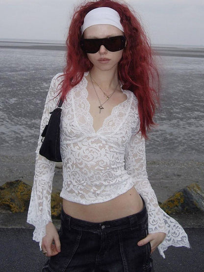 Blouse For Women White V-Neck Pleated Sexy Lace Long Sleeves Tops
