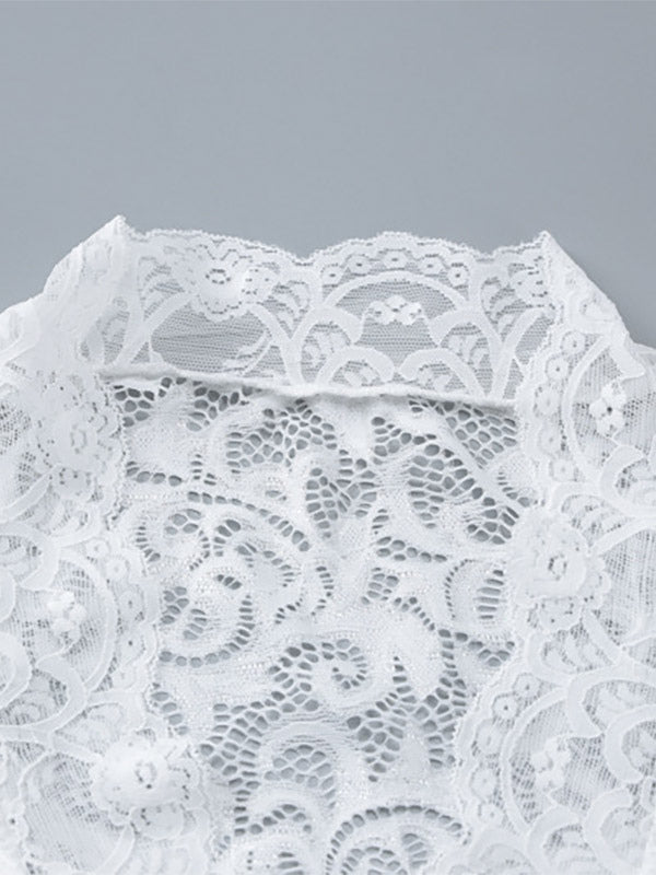 Blouse For Women White V-Neck Pleated Sexy Lace Long Sleeves Tops