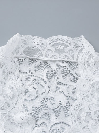 Blouse For Women White V-Neck Pleated Sexy Lace Long Sleeves Tops