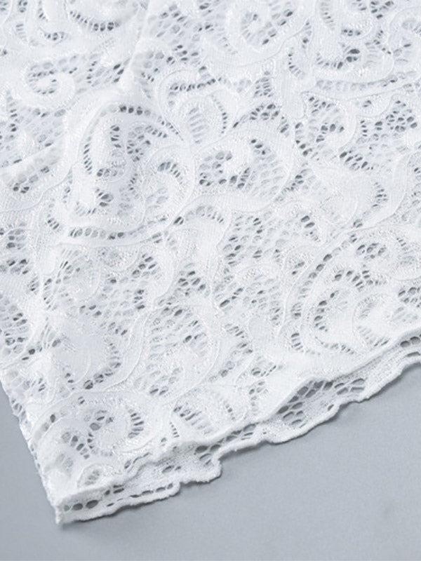 Blouse For Women White V-Neck Pleated Sexy Lace Long Sleeves Tops