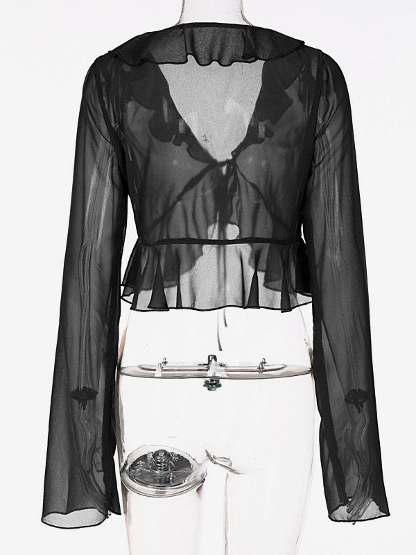 Shirt For Women Green Polyester V-Neck Pleated Casual Lace Up Long Sleeves Tops