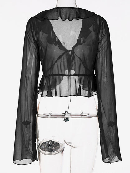 Shirt For Women Green Polyester V-Neck Pleated Casual Lace Up Long Sleeves Tops