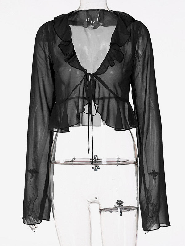 Shirt For Women Green Polyester V-Neck Pleated Casual Lace Up Long Sleeves Tops