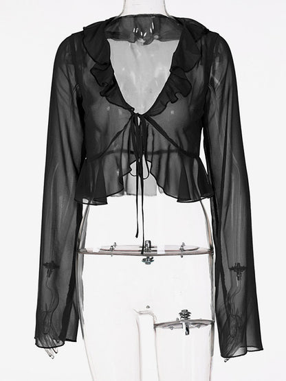 Shirt For Women Green Polyester V-Neck Pleated Casual Lace Up Long Sleeves Tops