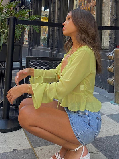 Shirt For Women Green Polyester V-Neck Pleated Casual Lace Up Long Sleeves Tops