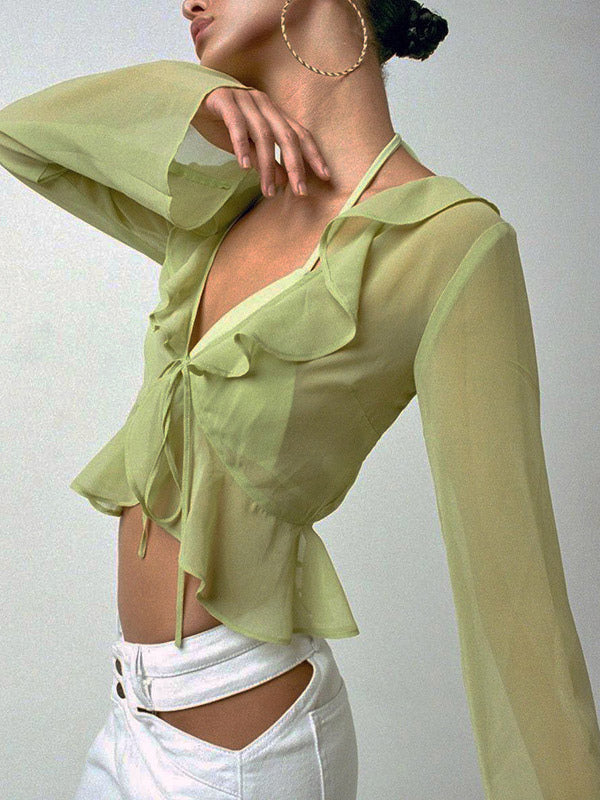 Shirt For Women Green Polyester V-Neck Pleated Casual Lace Up Long Sleeves Tops