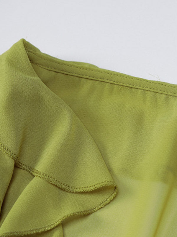 Shirt For Women Green Polyester V-Neck Pleated Casual Lace Up Long Sleeves Tops