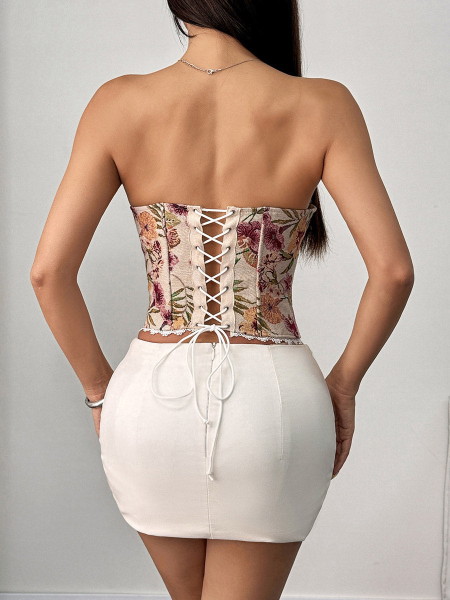 Corset Tops Apricot Sexy Sleeveless Strapless Slim Fit Lace Up Lace-up Tops