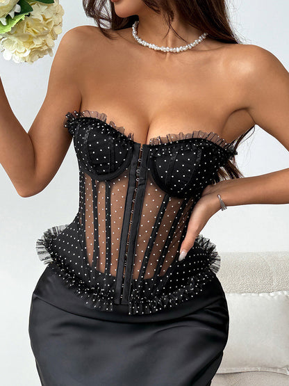 Corset Tops Burgundy Chic Sleeveless Strapless Slim Fit Lace Tops