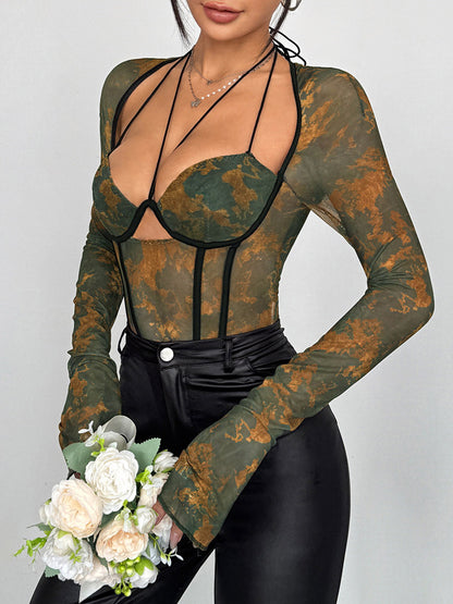 Corset Tops Dark Green Sexy Flared Sleeves Long Sleeves Slim Fit Tops