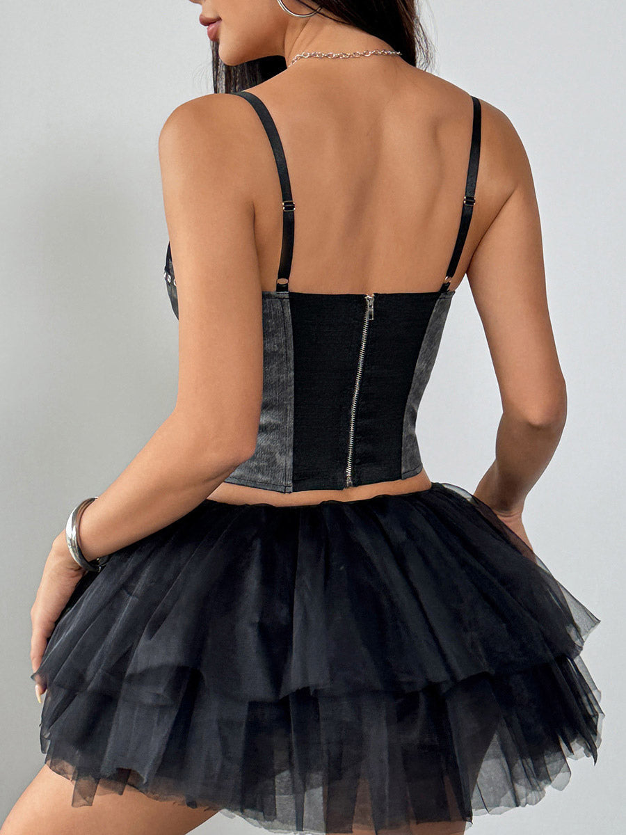 Corset Tops Light Sky Blue Sexy Sleeveless Straps Neck Slim Fit Lace Zipper Tops