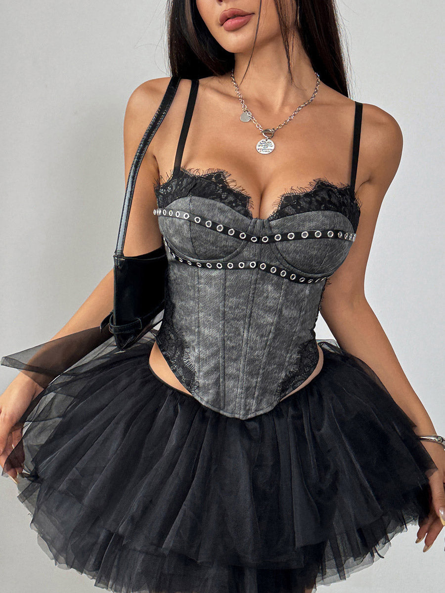 Corset Tops Light Sky Blue Sexy Sleeveless Straps Neck Slim Fit Lace Zipper Tops