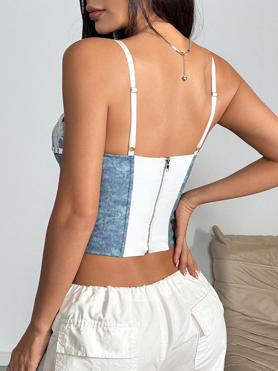 Corset Tops Light Sky Blue Sexy Sleeveless Straps Neck Slim Fit Lace Zipper Tops