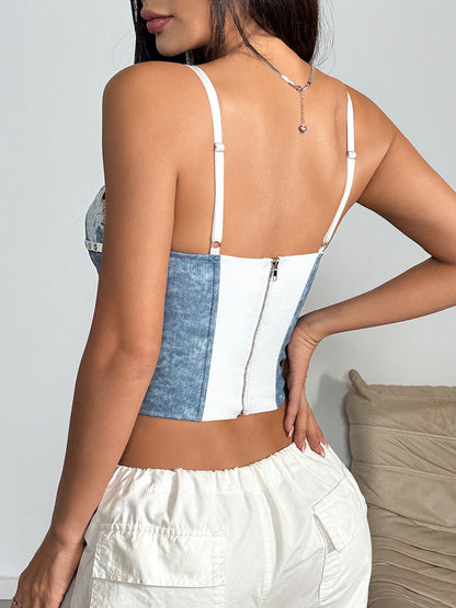 Corset Tops Light Sky Blue Sexy Sleeveless Straps Neck Slim Fit Lace Zipper Tops