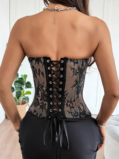 Corset Tops Black Sexy Sleeveless Strapless Slim Fit Lace Lace-up Tops