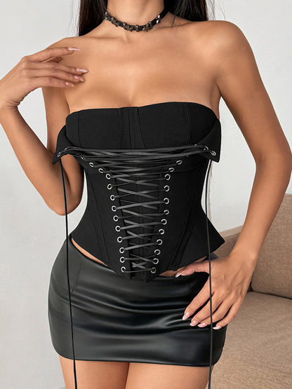 Corset Tops Brown Sexy Sleeveless Strapless Slim Fit Lace-up Tops