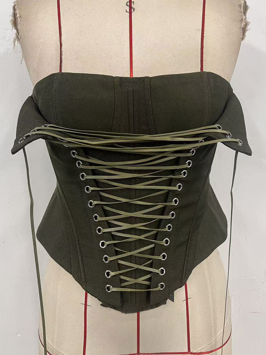Corset Tops Brown Sexy Sleeveless Strapless Slim Fit Lace-up Tops
