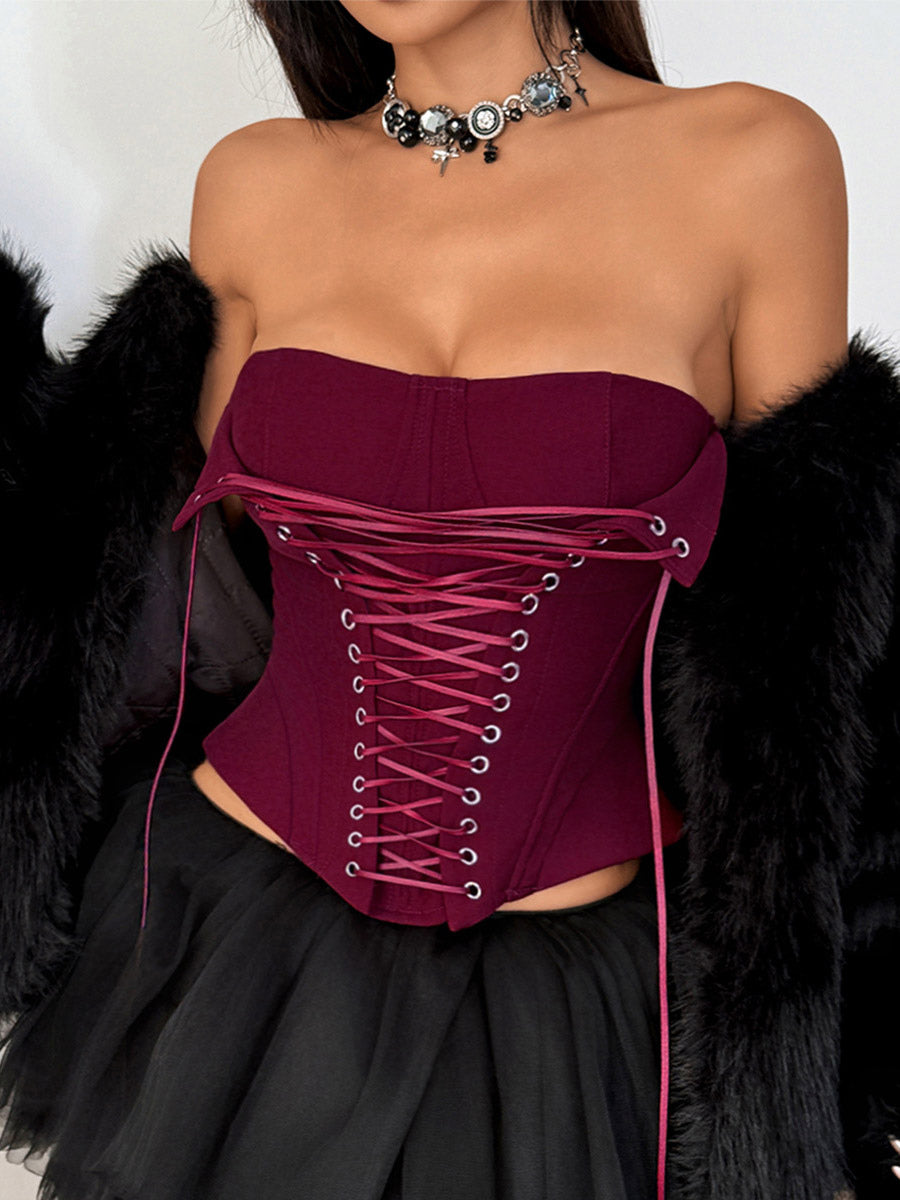 Corset Tops Brown Sexy Sleeveless Strapless Slim Fit Lace-up Tops