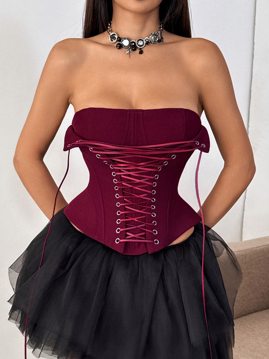 Corset Tops Brown Sexy Sleeveless Strapless Slim Fit Lace-up Tops