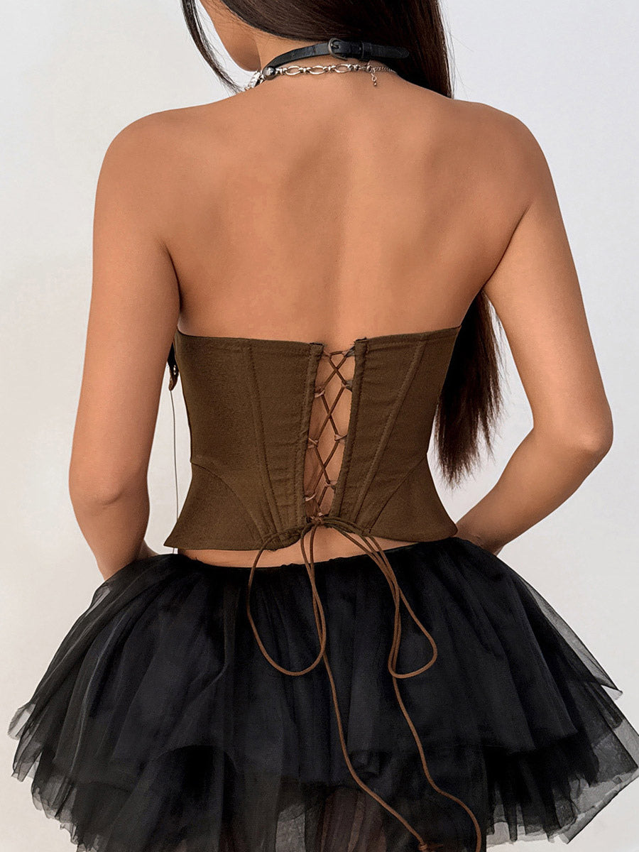 Corset Tops Brown Sexy Sleeveless Strapless Slim Fit Lace-up Tops