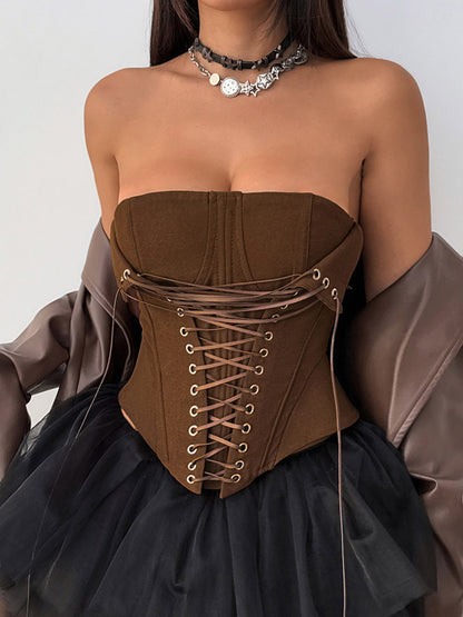 Corset Tops Brown Sexy Sleeveless Strapless Slim Fit Lace-up Tops