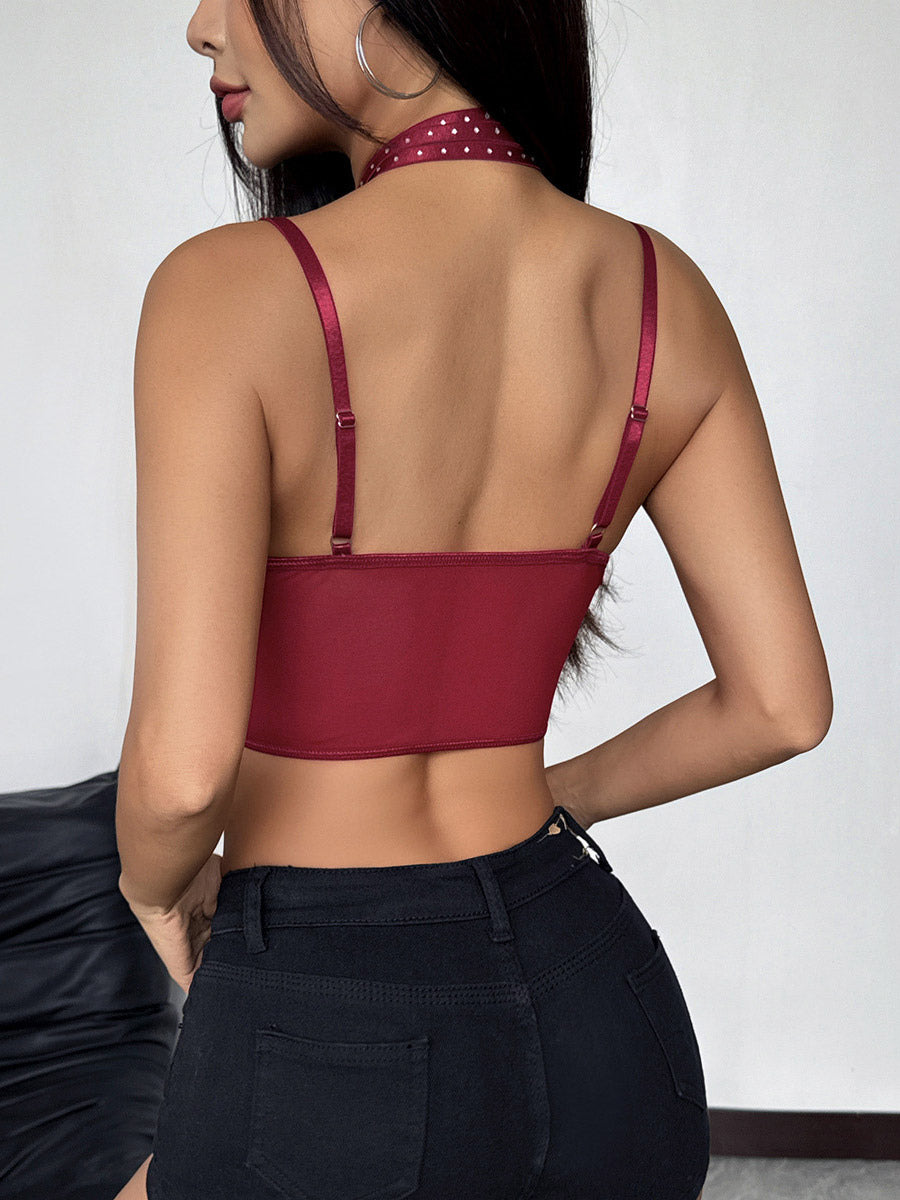 Corset Tops Burgundy Sexy Sleeveless Straps Neck Slim Fit Lace Criss-Cross Tops