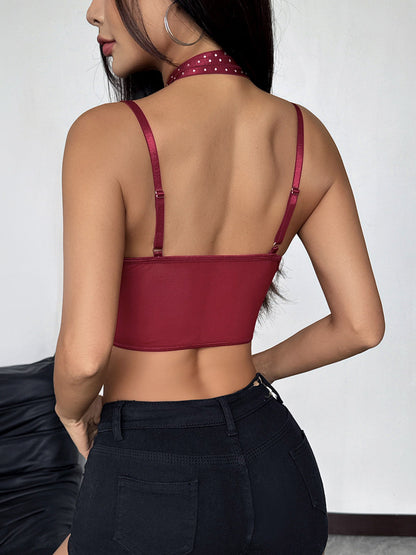 Corset Tops Burgundy Sexy Sleeveless Straps Neck Slim Fit Lace Criss-Cross Tops