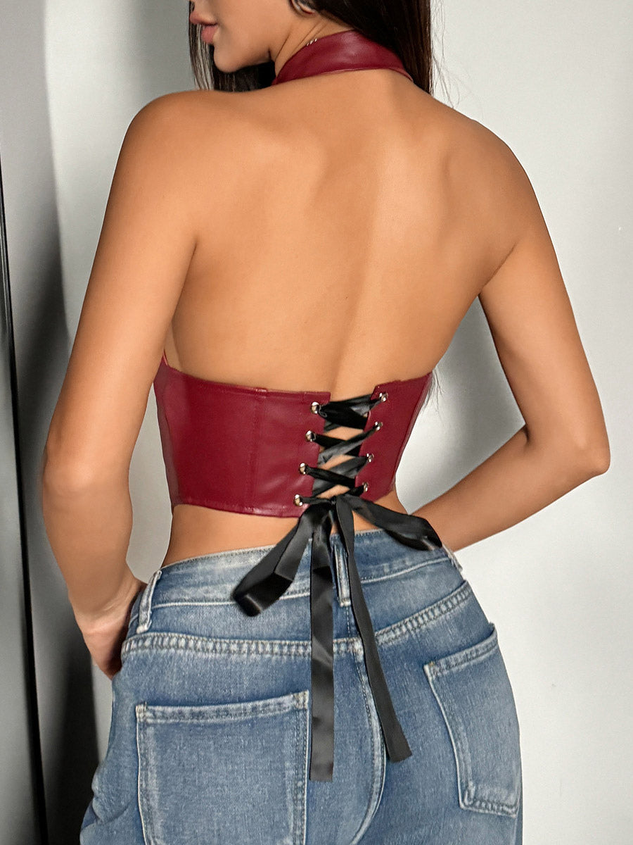 Corset Tops Burgundy Sexy Sleeveless Slim Fit Lace Lace-up Tops