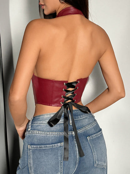 Corset Tops Burgundy Sexy Sleeveless Slim Fit Lace Lace-up Tops
