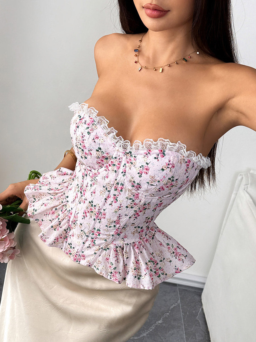 Corset Tops Pink Chic Sleeveless Strapless Slim Fit Lace Lace-up Tops