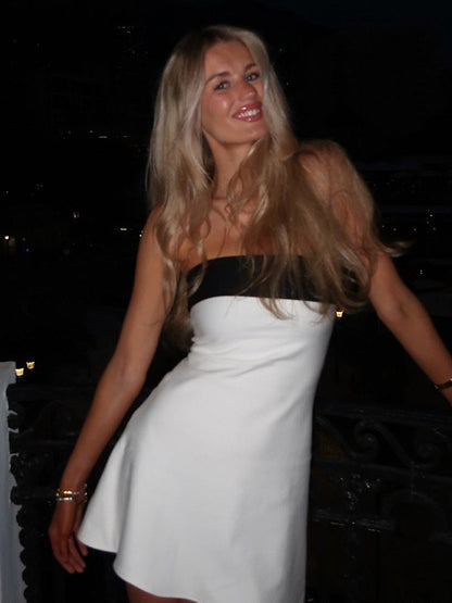 Night Out Dresses White Polyester Two-Tone Sleeveless Strapless Summer Dress