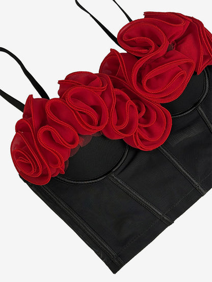 Corset Tops Black+Red Sexy Sleeveless Strapless Slim Fit Flowers Tops