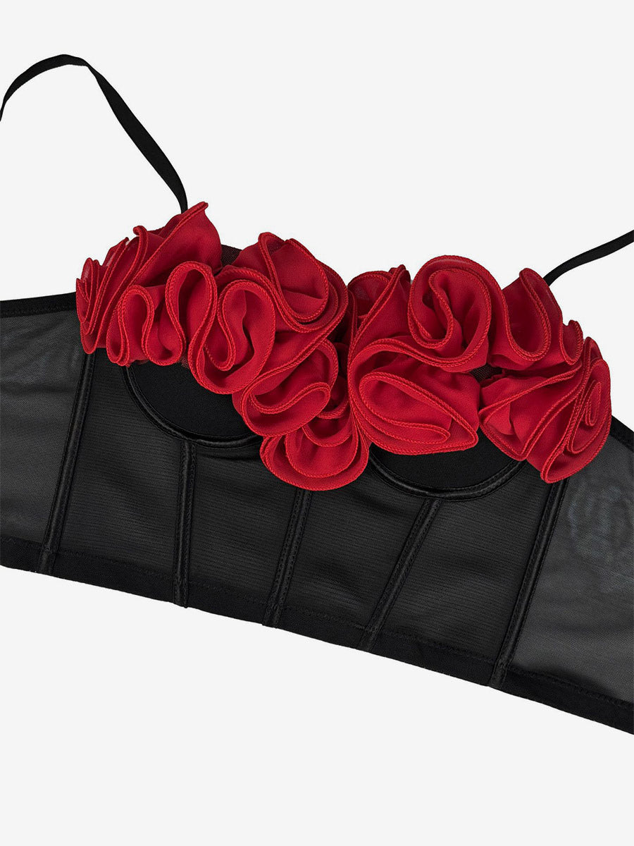 Corset Tops Black+Red Sexy Sleeveless Strapless Slim Fit Flowers Tops
