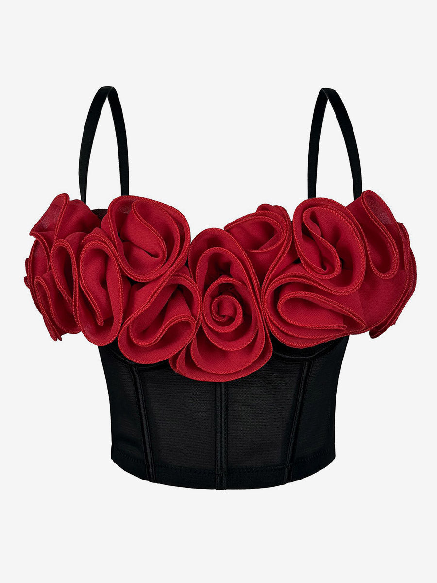 Corset Tops Black+Red Sexy Sleeveless Strapless Slim Fit Flowers Tops