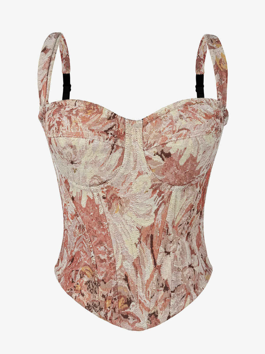 Corset Tops Blue Retro Sleeveless Strapless Printed Slim Fit Tops
