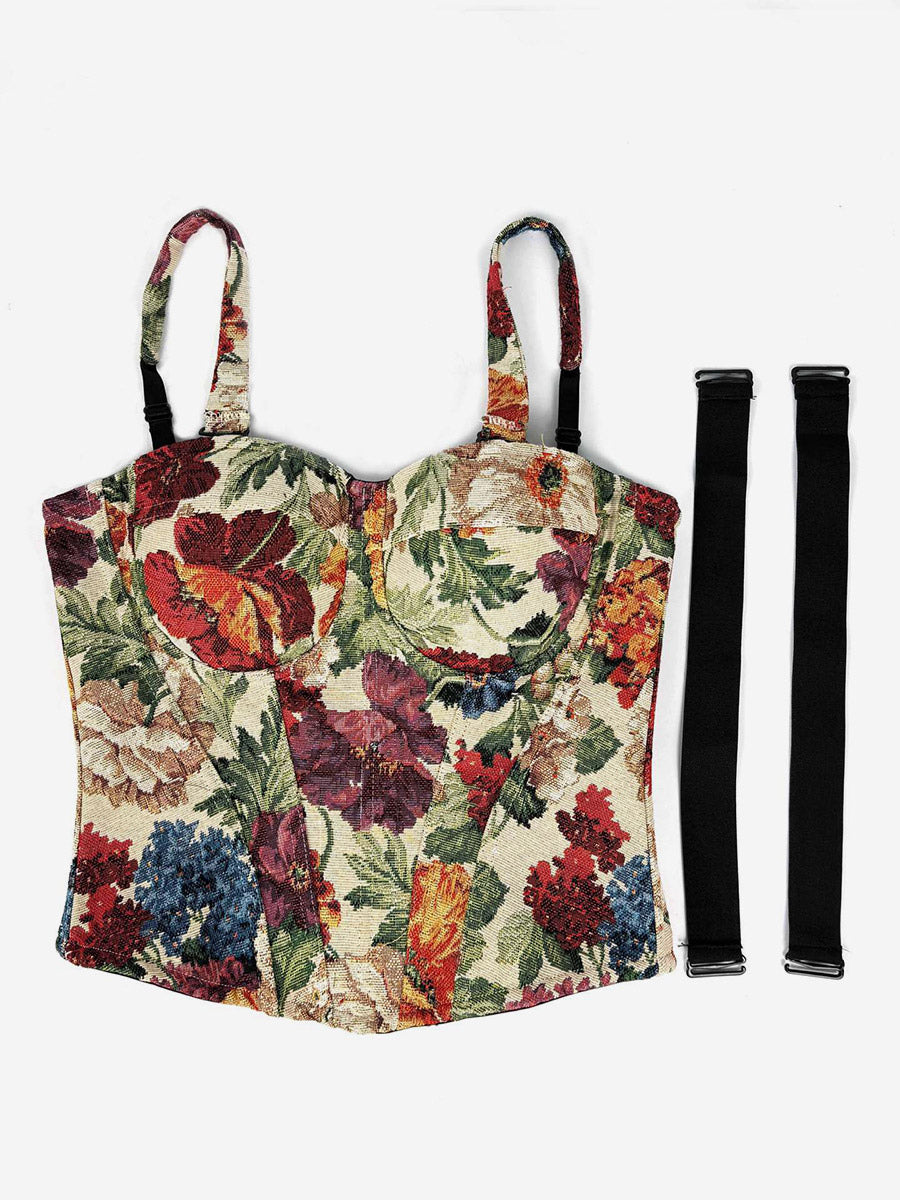 Corset Tops Blue Retro Sleeveless Strapless Printed Slim Fit Tops
