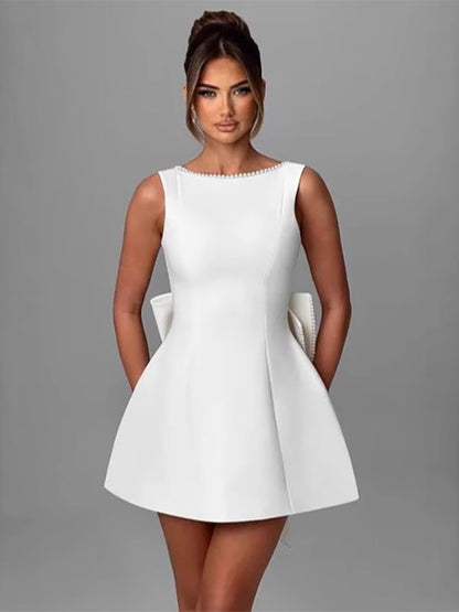Party Dress Mini White Jewel Neck Pearls Sleeveless Backless Sexy Semi Formal Dress